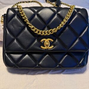 CC Black Quilted Leather Shoulder Bag with Gold Hardware